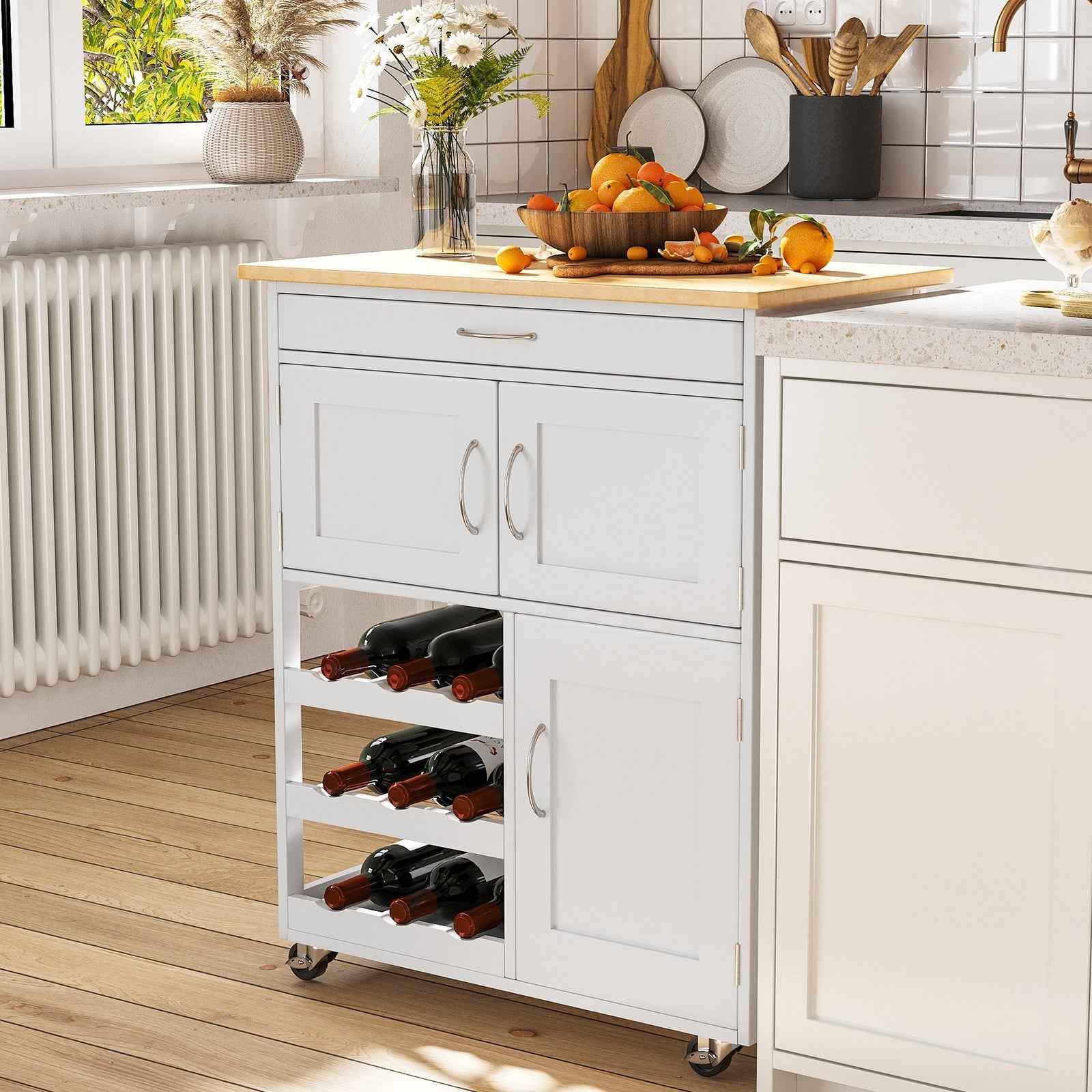 Rolling Kitchen Island Trolley Storage Cart with Rubberwood Top, Drawer, White