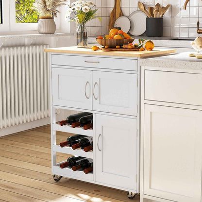 Rolling Kitchen Island Trolley Storage Cart with Rubberwood Top, Drawer, White