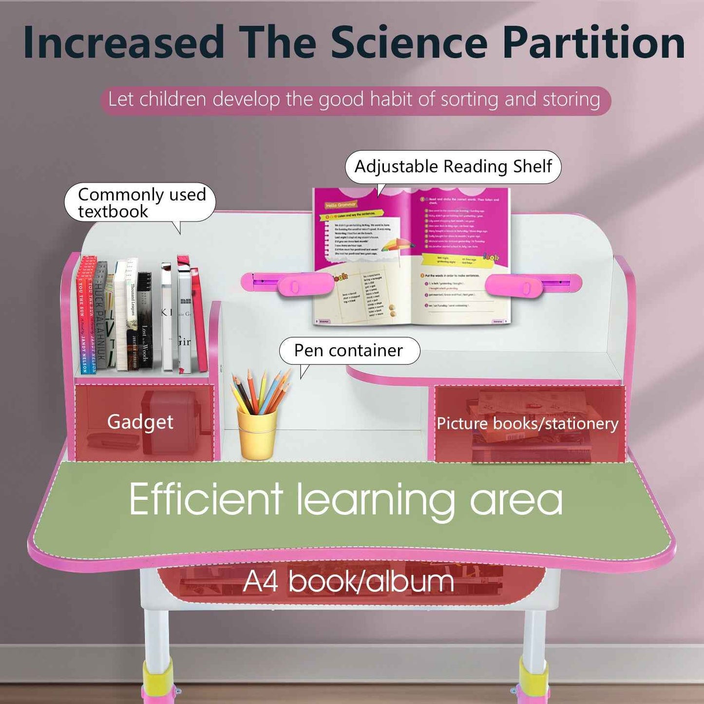 Kids Desk and Chair Set Height Adjustable Study Table W/ Storage Book Stand