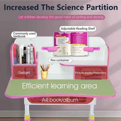 Kids Desk and Chair Set Height Adjustable Study Table W/ Storage Book Stand