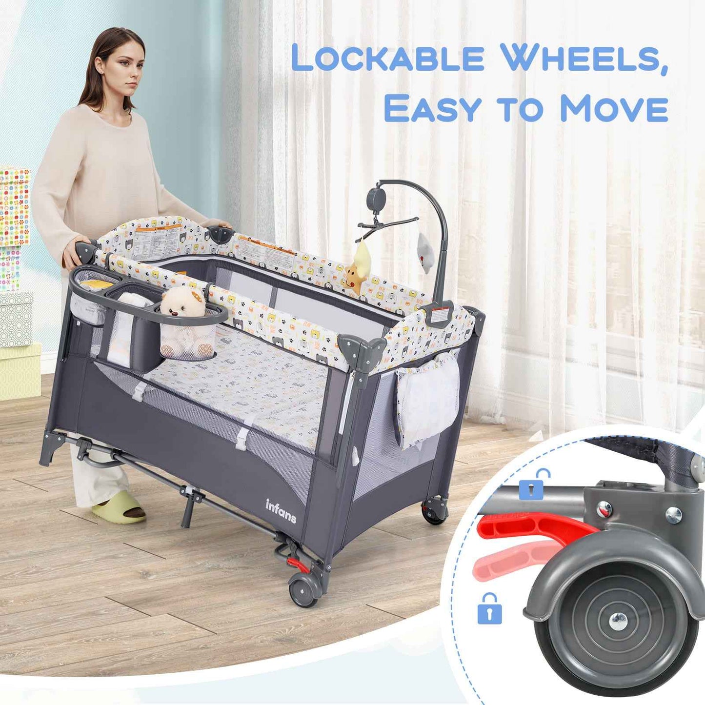 5 in 1 Travel Cot Convertible Foldable Baby Bedside Sleeper Changer W/ Mattress