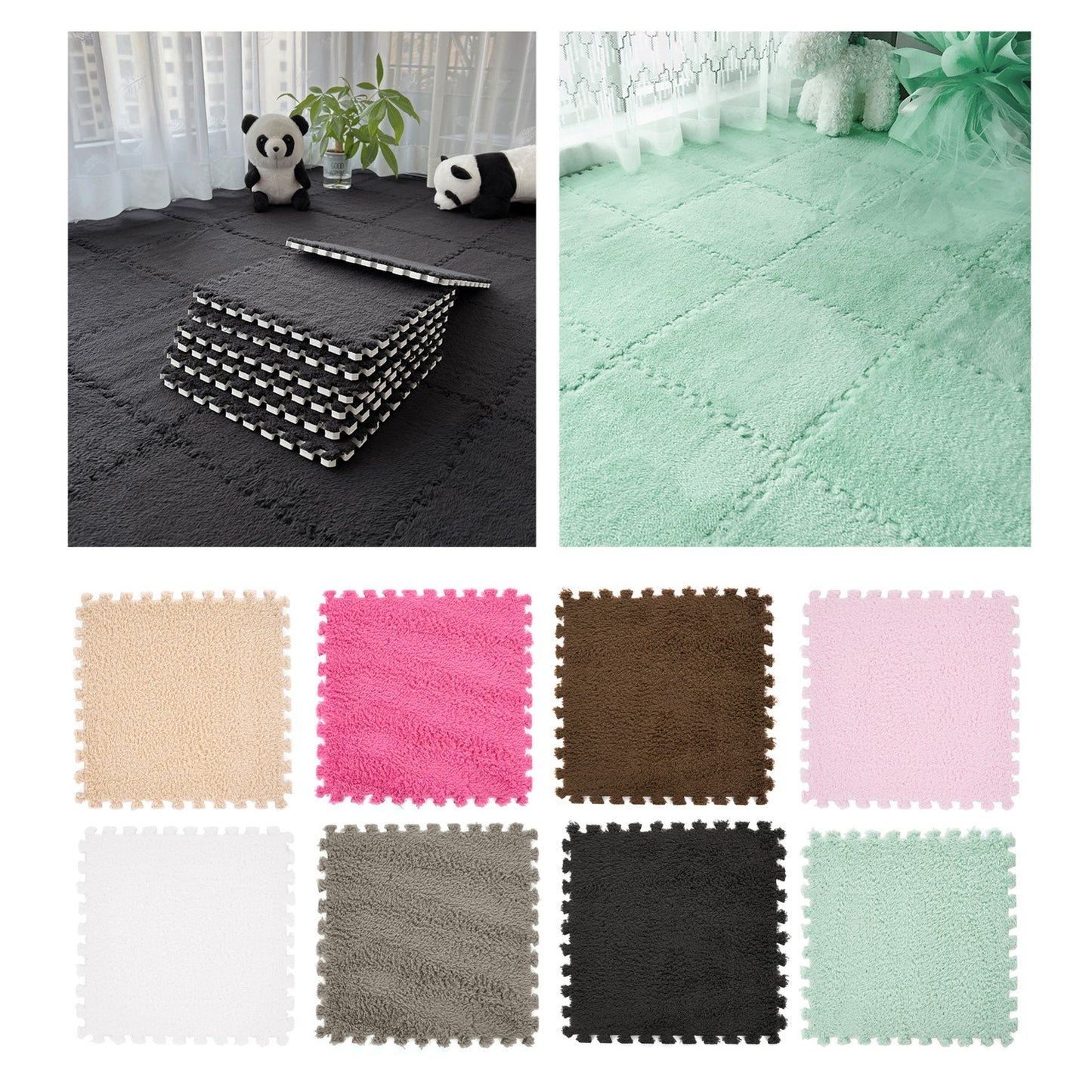 Plush EVA Foam Carpet Tiles 12/24pcs Interlocking Floor Mat Soft Cozy Anti-slip