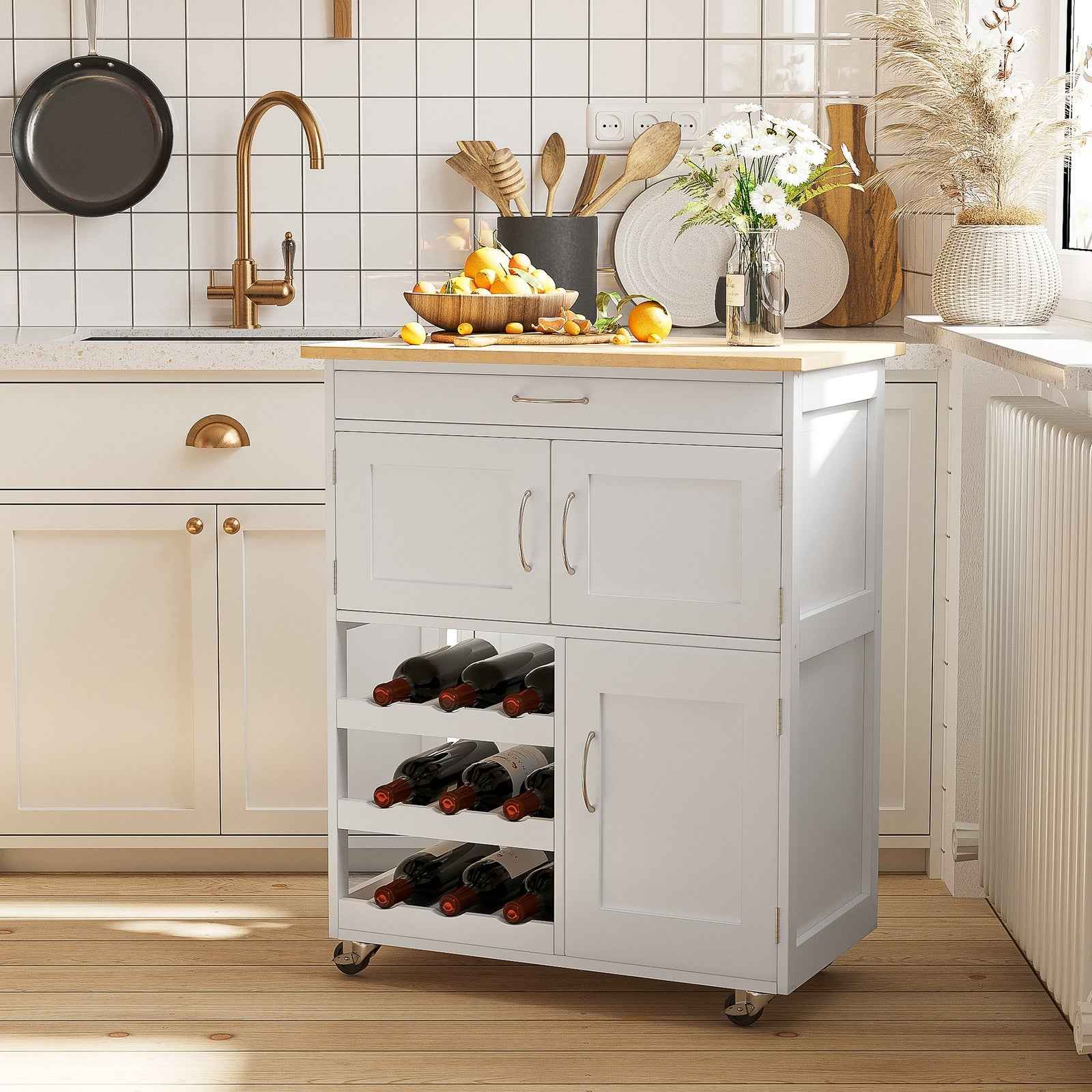 Rolling Kitchen Island Trolley Storage Cart with Rubberwood Top, Drawer, White