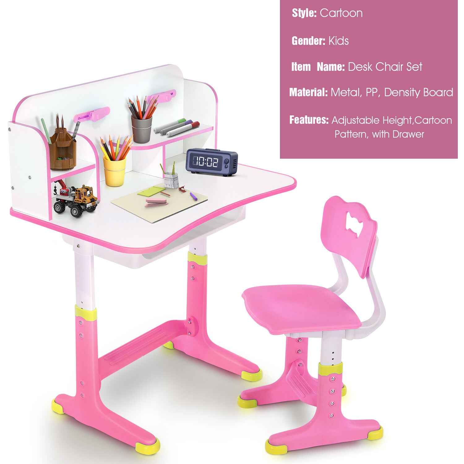 Kids Desk and Chair Set Height Adjustable Study Table W/ Storage Book Stand