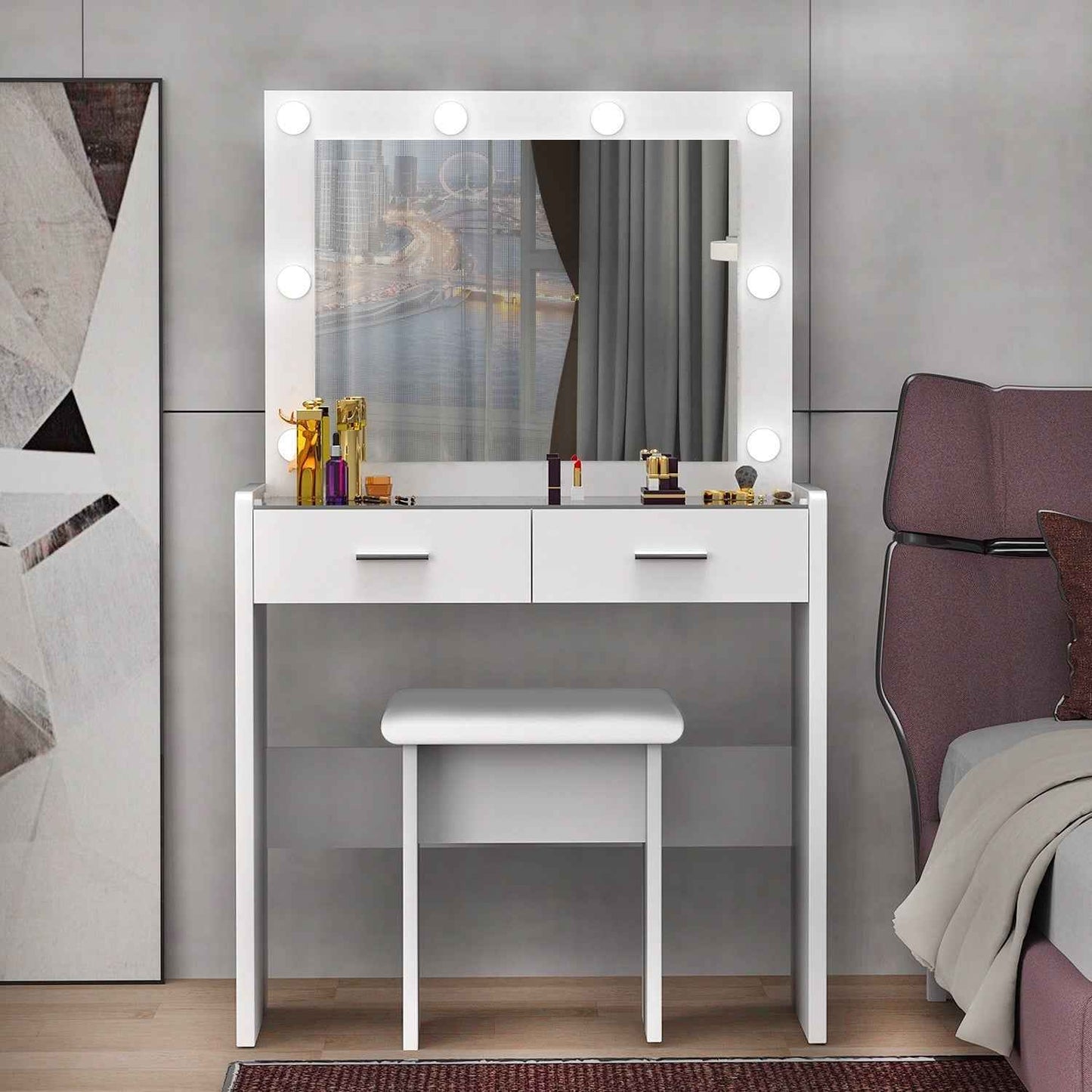 Vanity Desk with Mirror Lights Glass Top Dressing Table w/ 2 Drawers & Stool Uam