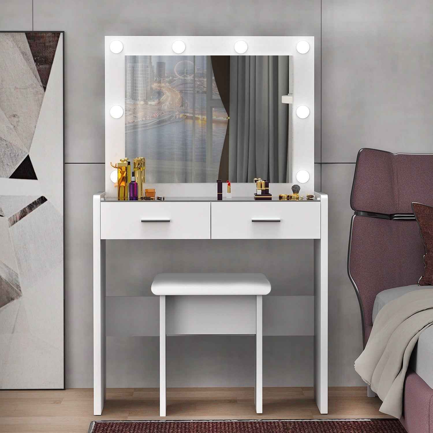 Vanity Desk with Mirror Lights Glass Top Dressing Table w/ 2 Drawers & Stool Uam