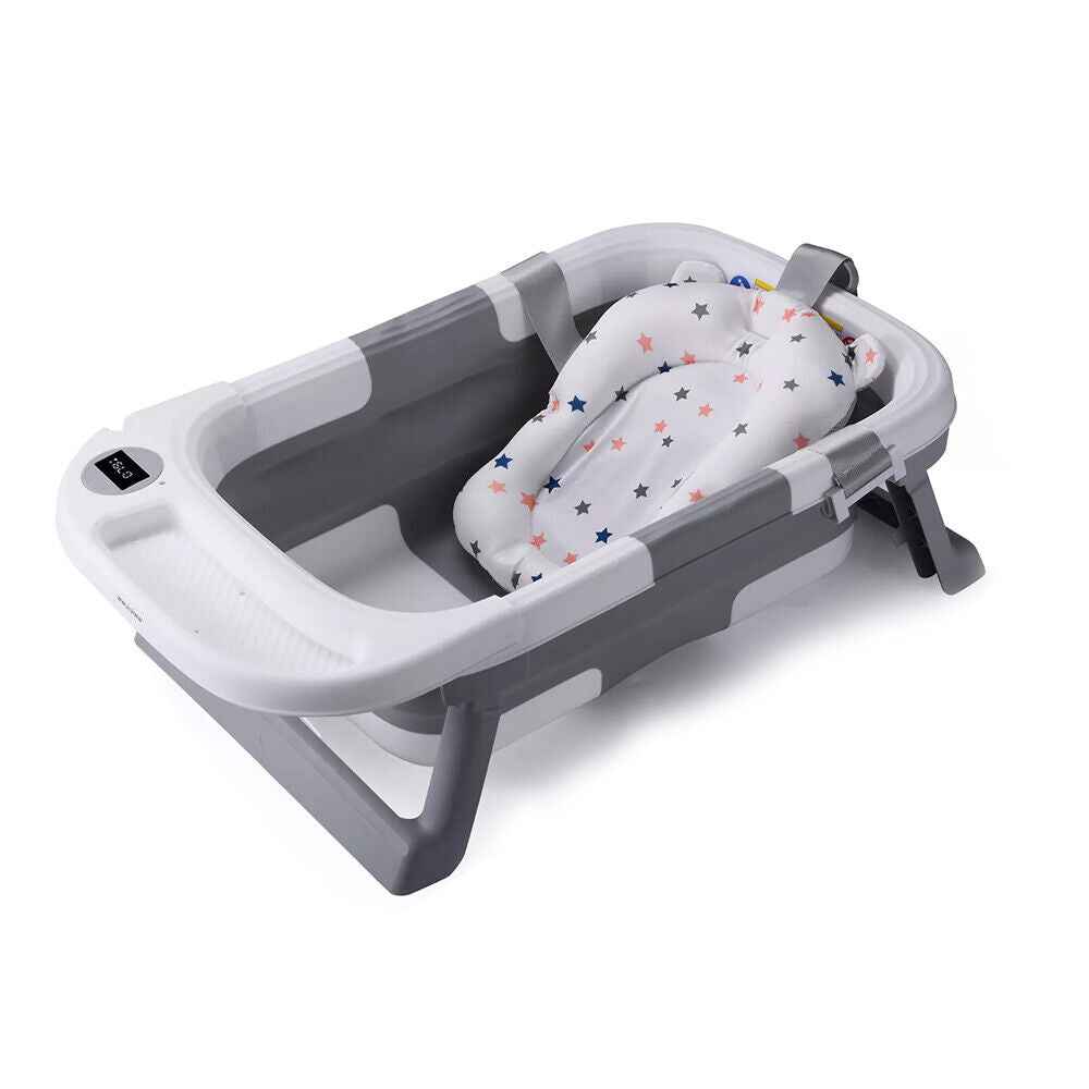 Foldable Baby Bath Tub Ergonomic with Temperature & Cushion Bath Pad + Bath Net