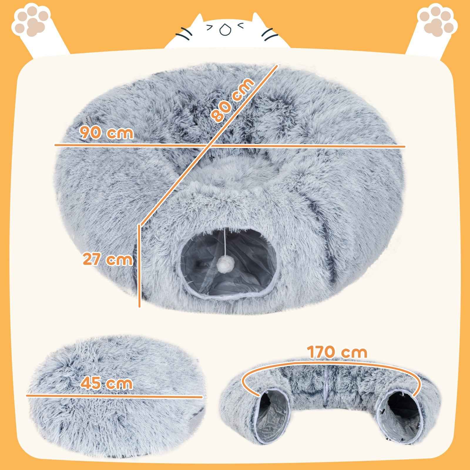2-in-1 Donut Cat Tunnel with Plush and Washable Bed for Indoor Cats, Light Grey
