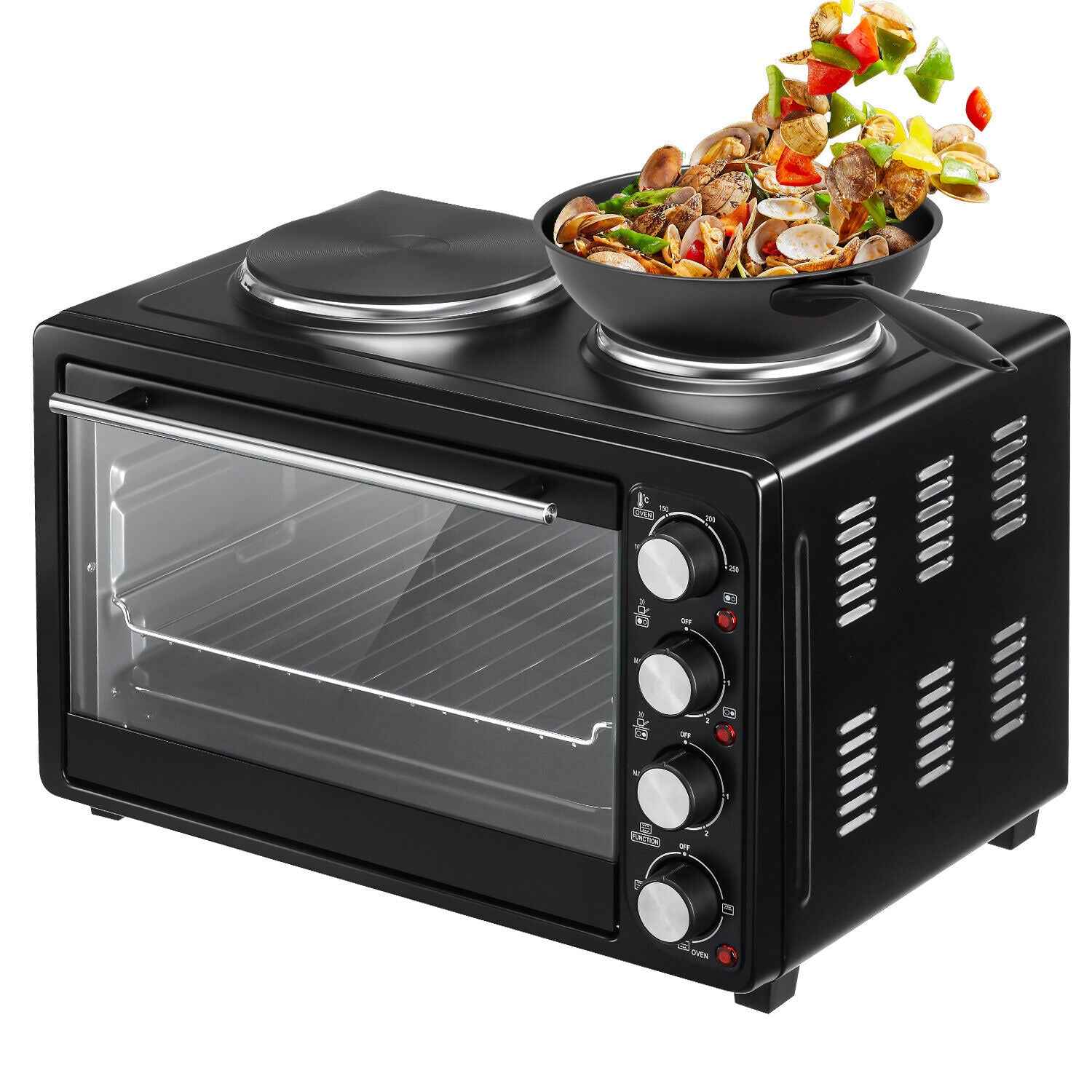 36L Mini Oven Hob Cooker Grill With Electric Hob Double Hotplate Tabletop Black