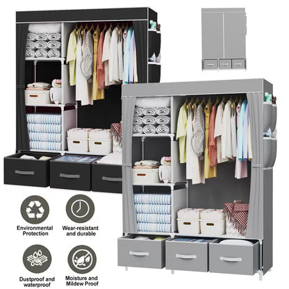 Large Fabric Canvas Wardrobe with Clothes Hanging Rail Shelving Storage Closet