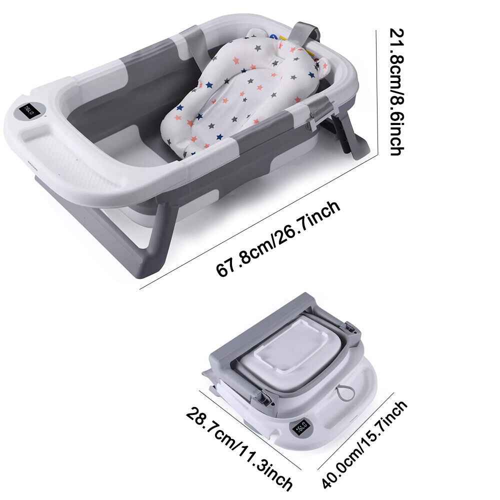 Foldable Baby Bath Tub Ergonomic with Temperature & Cushion Bath Pad + Bath Net