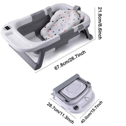 Foldable Baby Bath Tub Ergonomic with Temperature & Cushion Bath Pad + Bath Net