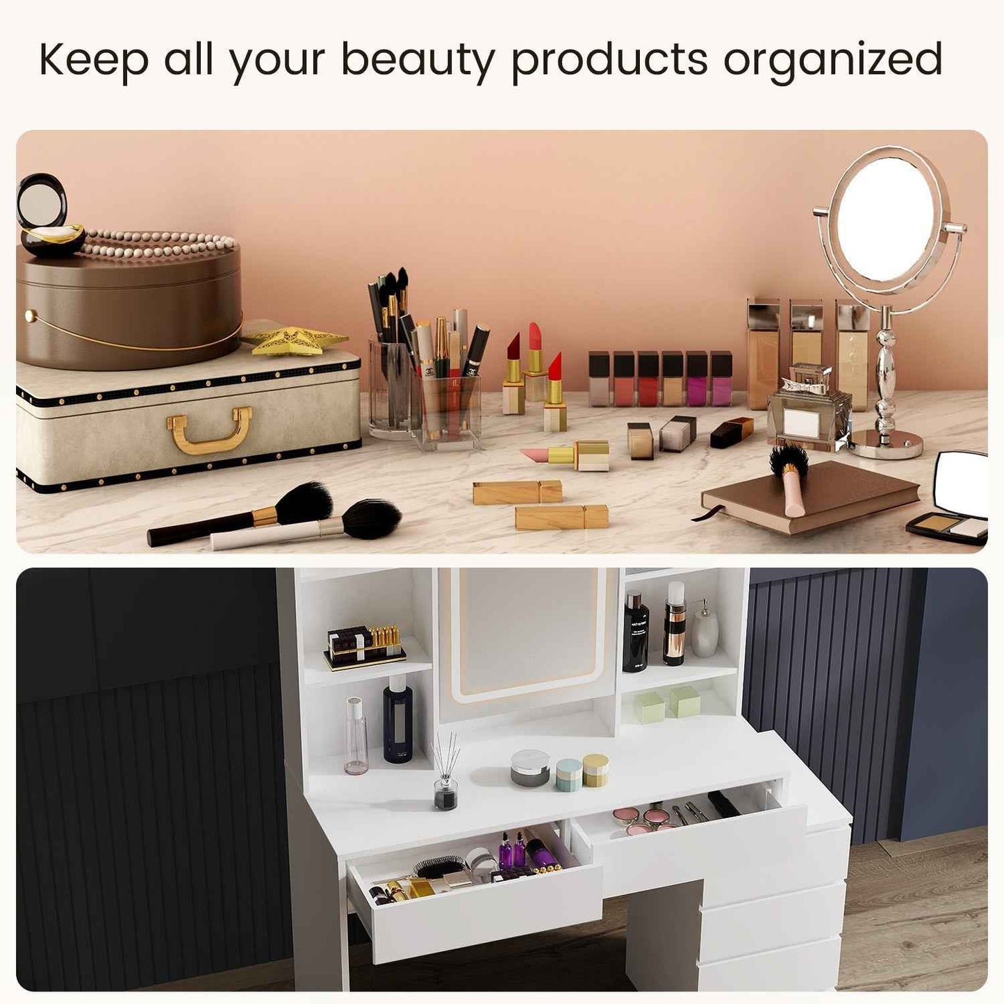 White Dressing Table Wood Makeup Desk with LED Mirror 7 Drawers Stool Bedroom