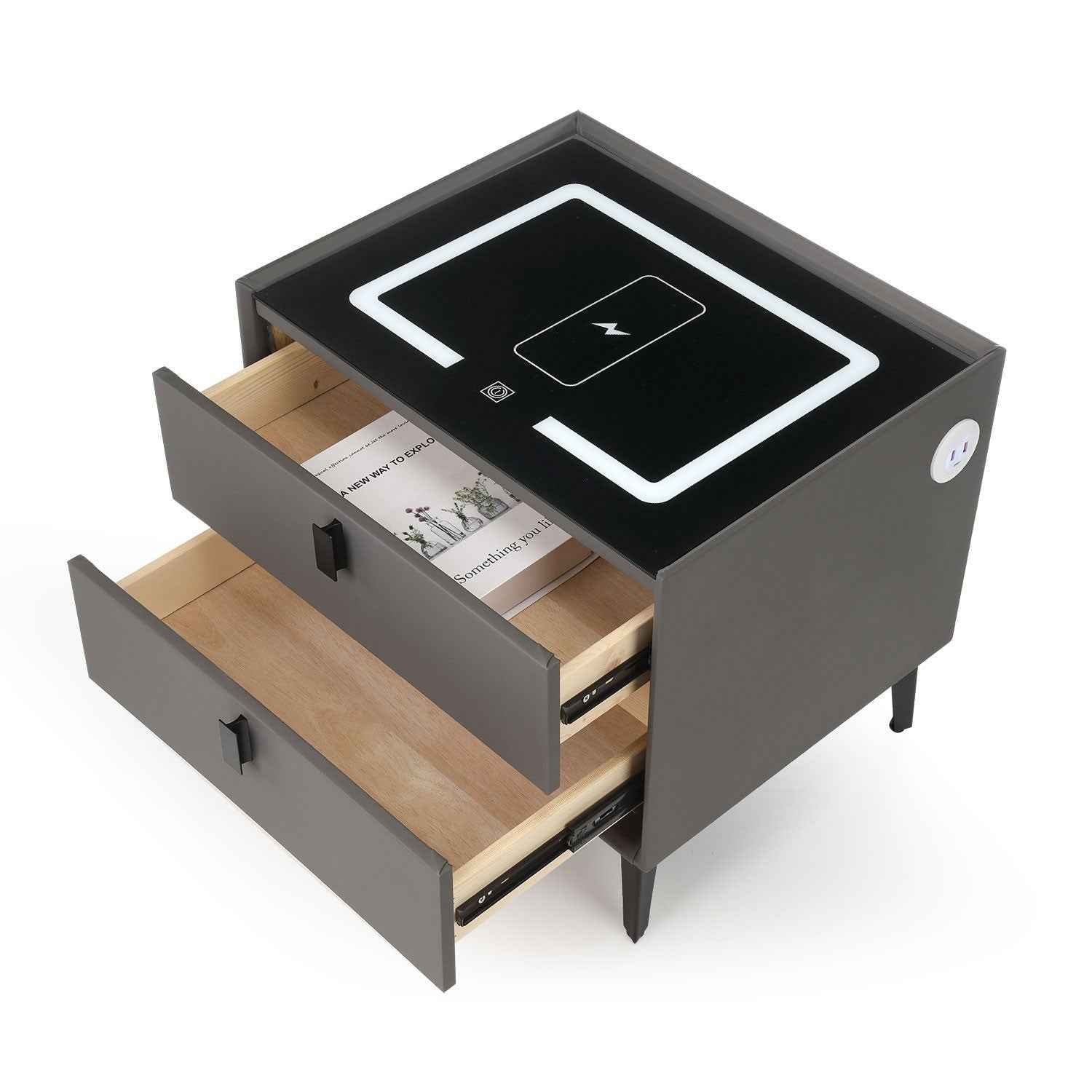 LED Bedside Table with 2 Drawers Cabinet Charging Station Nightstand Storage Gyd