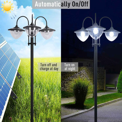 3-head LED Solar Light Lamp Street Light Post with Planter Base, Black