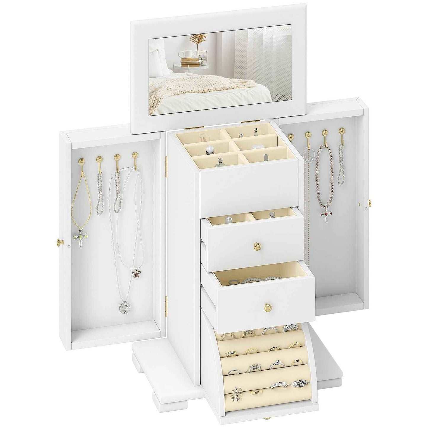 4-Tier Jewellery Box, Jewellery Organiser with Mirror and 2 Drawers, White