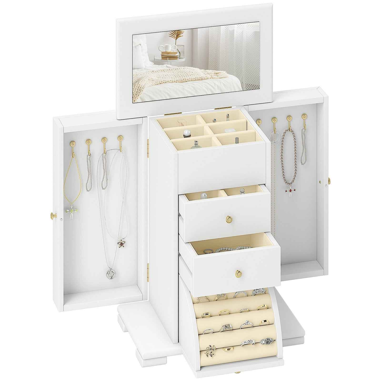 4-Tier Jewellery Box, Jewellery Organiser with Mirror and 2 Drawers, White