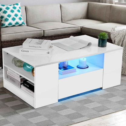 LED Coffee Table Wooden 2 Drawer Storage High Gloss Modern Living Room Furniture