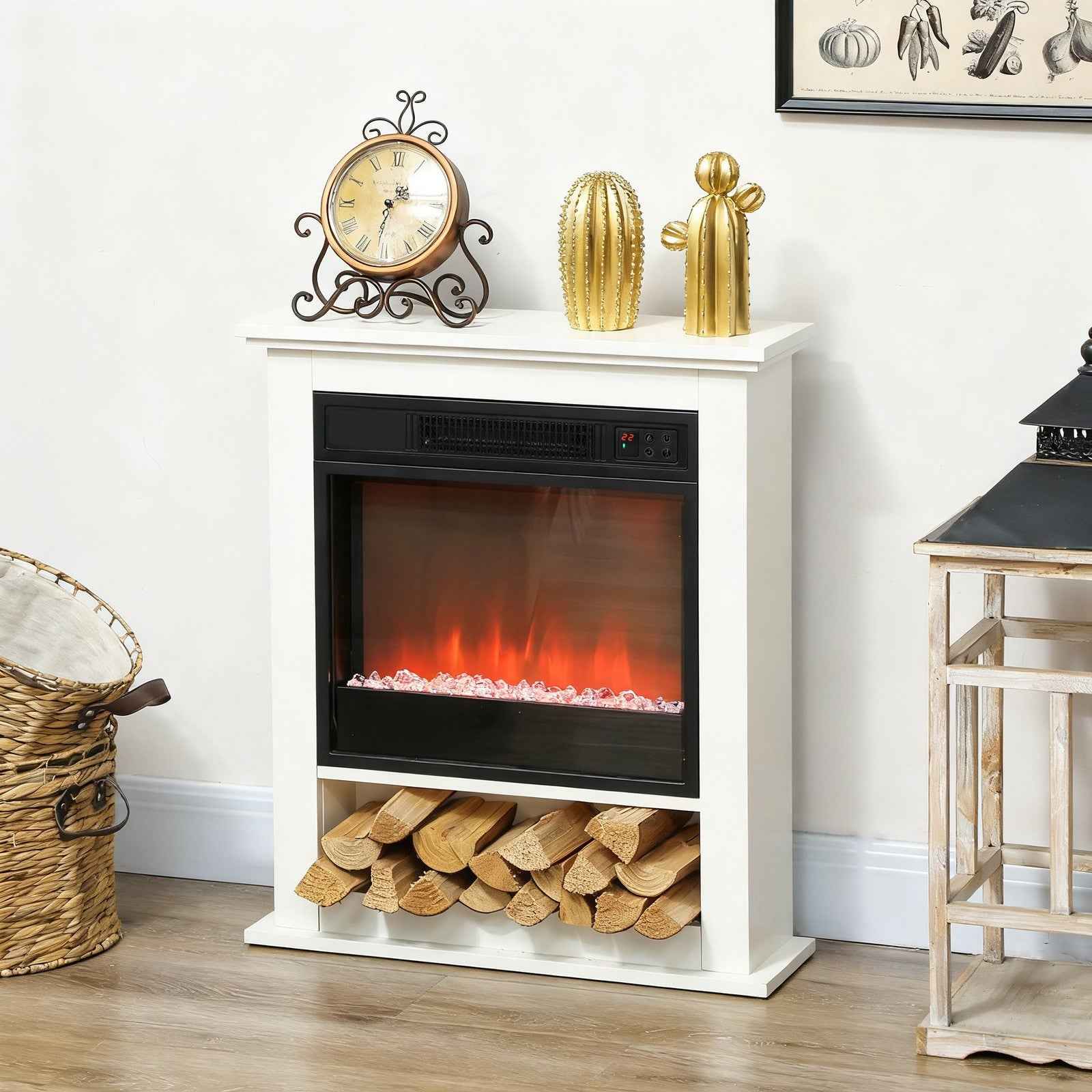 Electric Fireplace with 9 Colours Flame Effect & 5 Brightness Levels, White