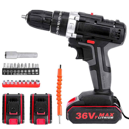 36V 2-Speed Electric Cordless Drill Screwdriver Hammer Impact w/ 2 Battery Kits