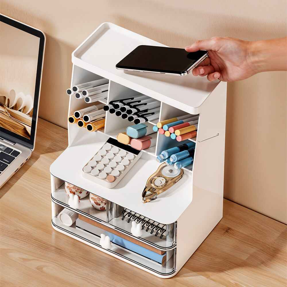 2 Drawers 6 Grids Desk Stationary Storage Box Home Office Desktop Organiser Box