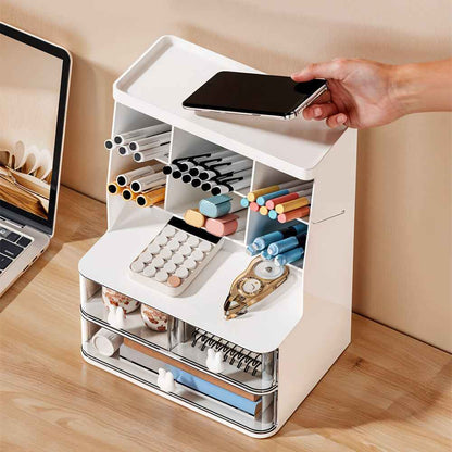 2 Drawers 6 Grids Desk Stationary Storage Box Home Office Desktop Organiser Box