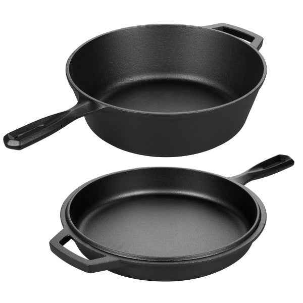 2in1 Combo Cooker Pre Seasoned Dutch Oven Pot Cast Iron Frying Pans Griddle 3Ltr