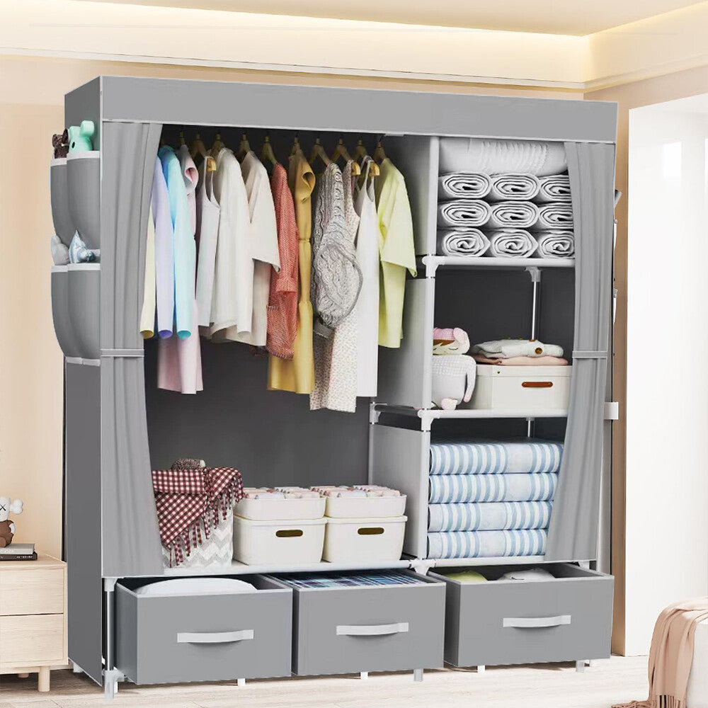 Large Fabric Canvas Wardrobe with Clothes Hanging Rail Shelving Storage Closet