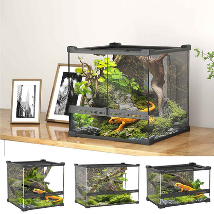 Glass Terrarium with Stone Background, Reptile Vivarium, Black