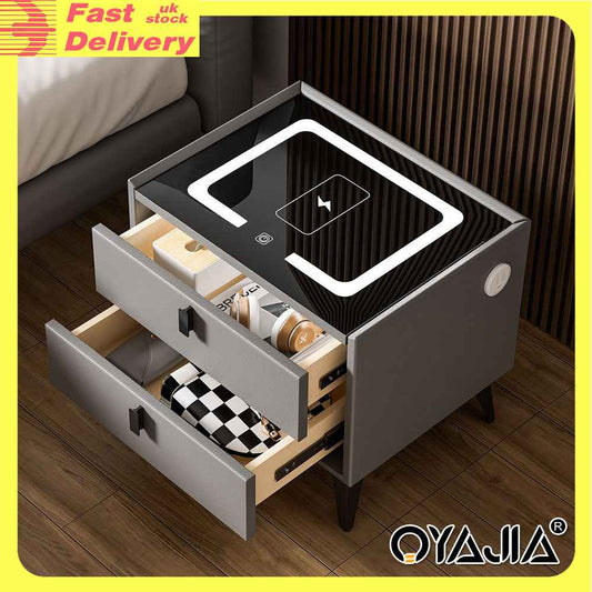 LED Bedside Table with 2 Drawers Cabinet Charging Station Nightstand Storage Gyd