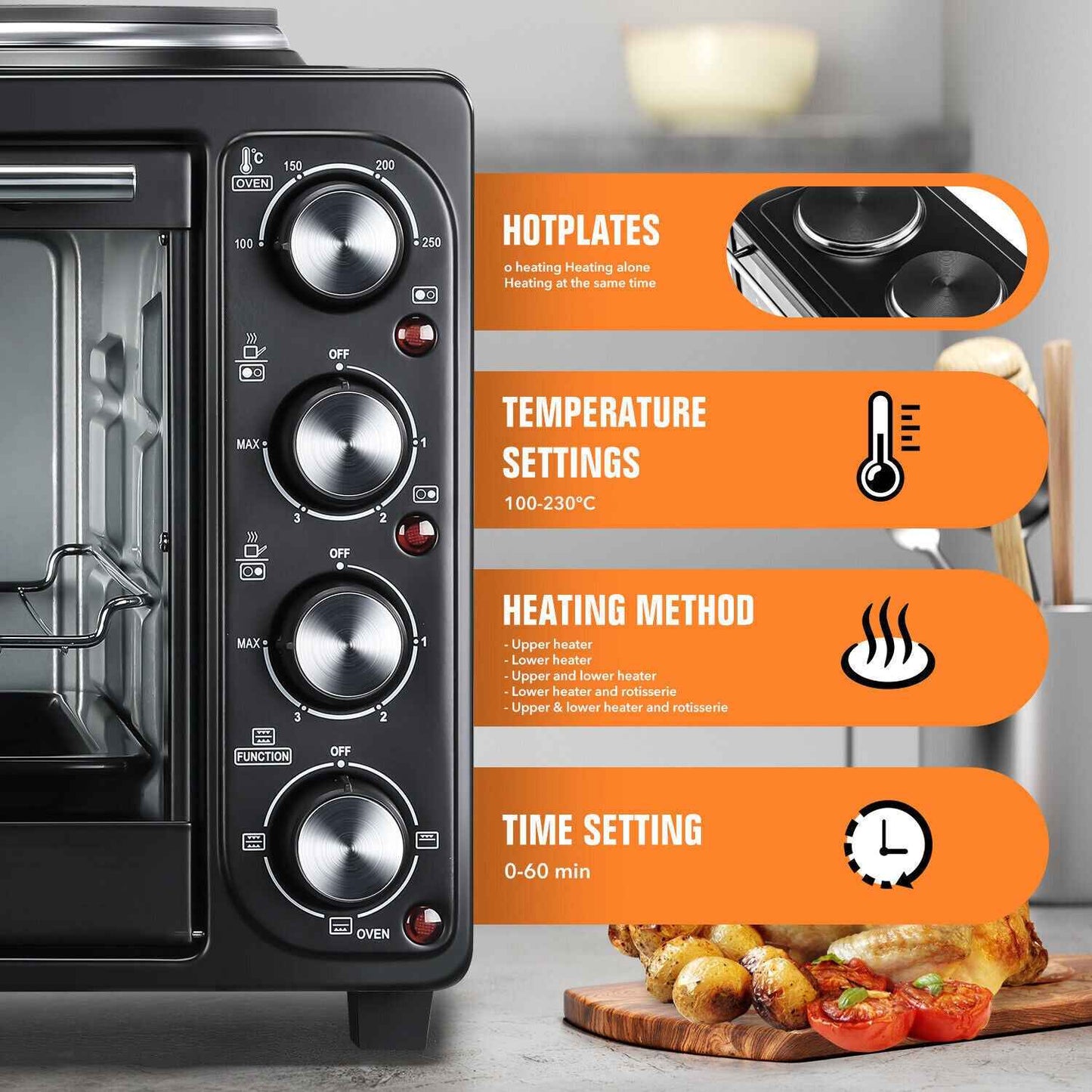36L Mini Oven Hob Cooker Grill With Electric Hob Double Hotplate Tabletop Black