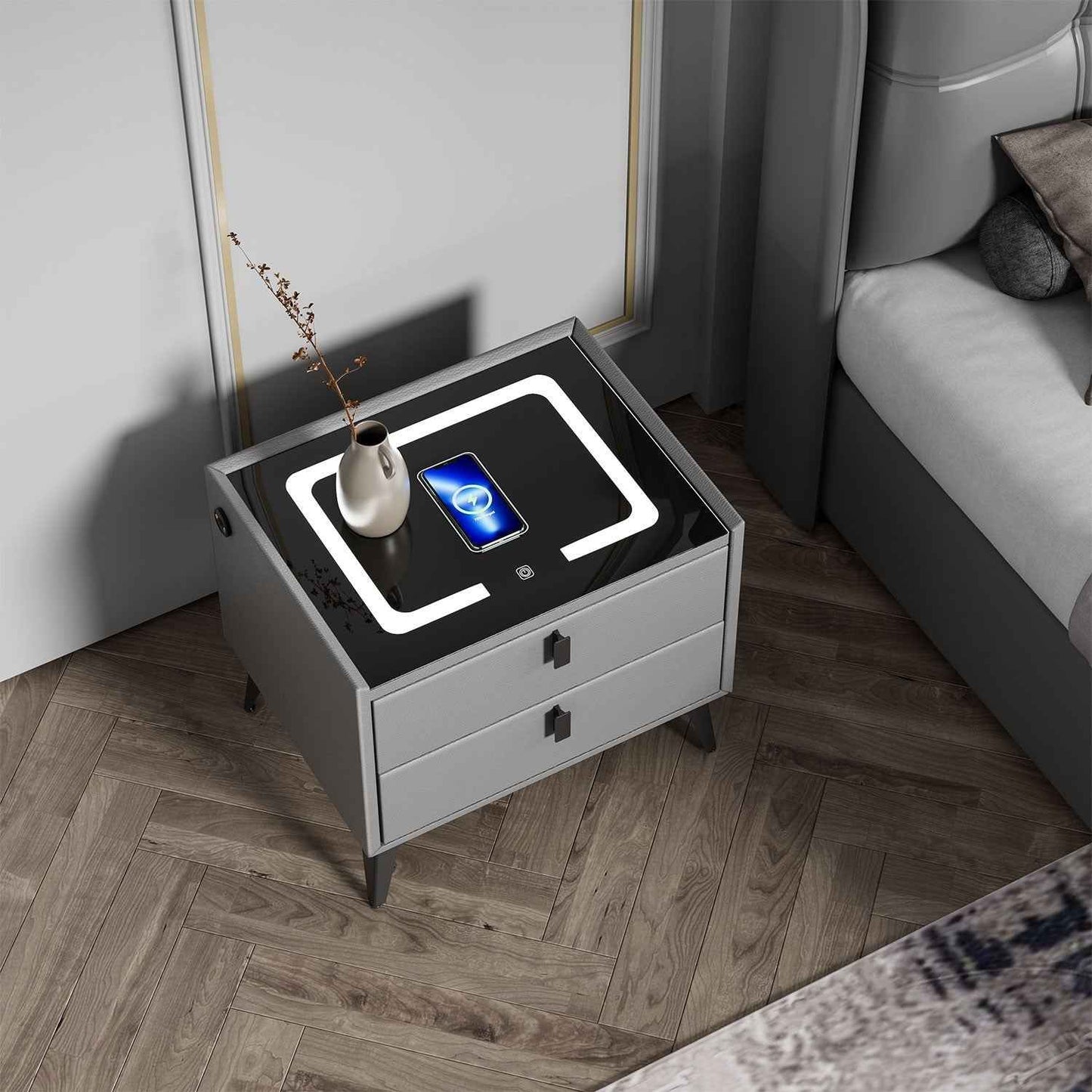 LED Bedside Table with 2 Drawers Cabinet Charging Station Nightstand Storage Gyd