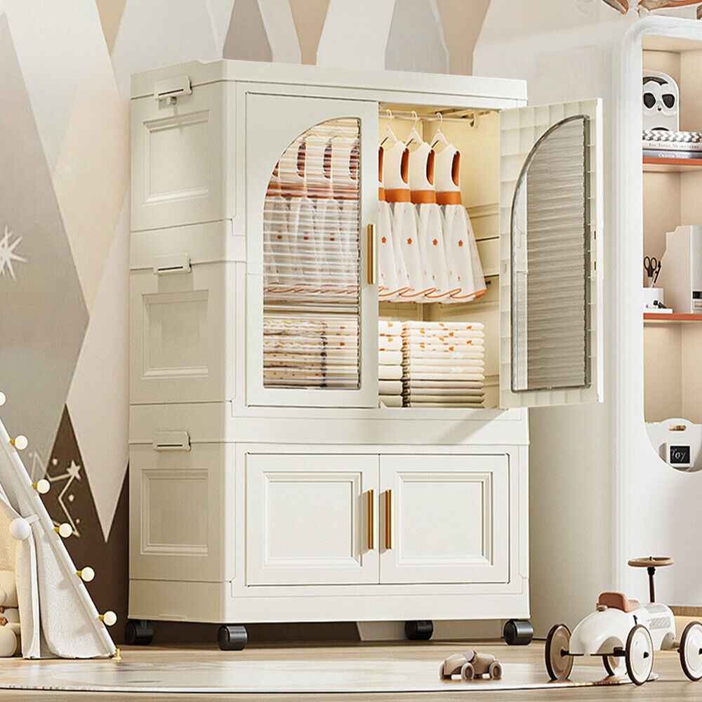 Folding Wardrobe Storage Large Plastic Cabinet with Hanging Rod Clothes Closet