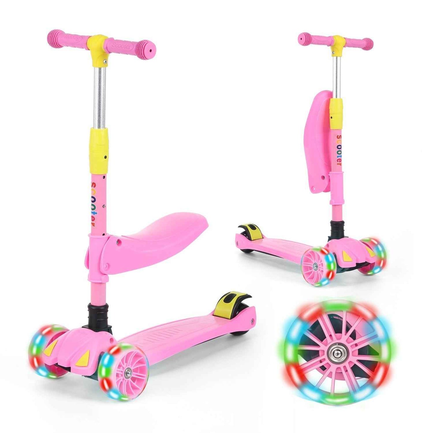 Kids Scooter Child Kick Flashing LED Light Up 3 Wheel Adjustable Folding UK