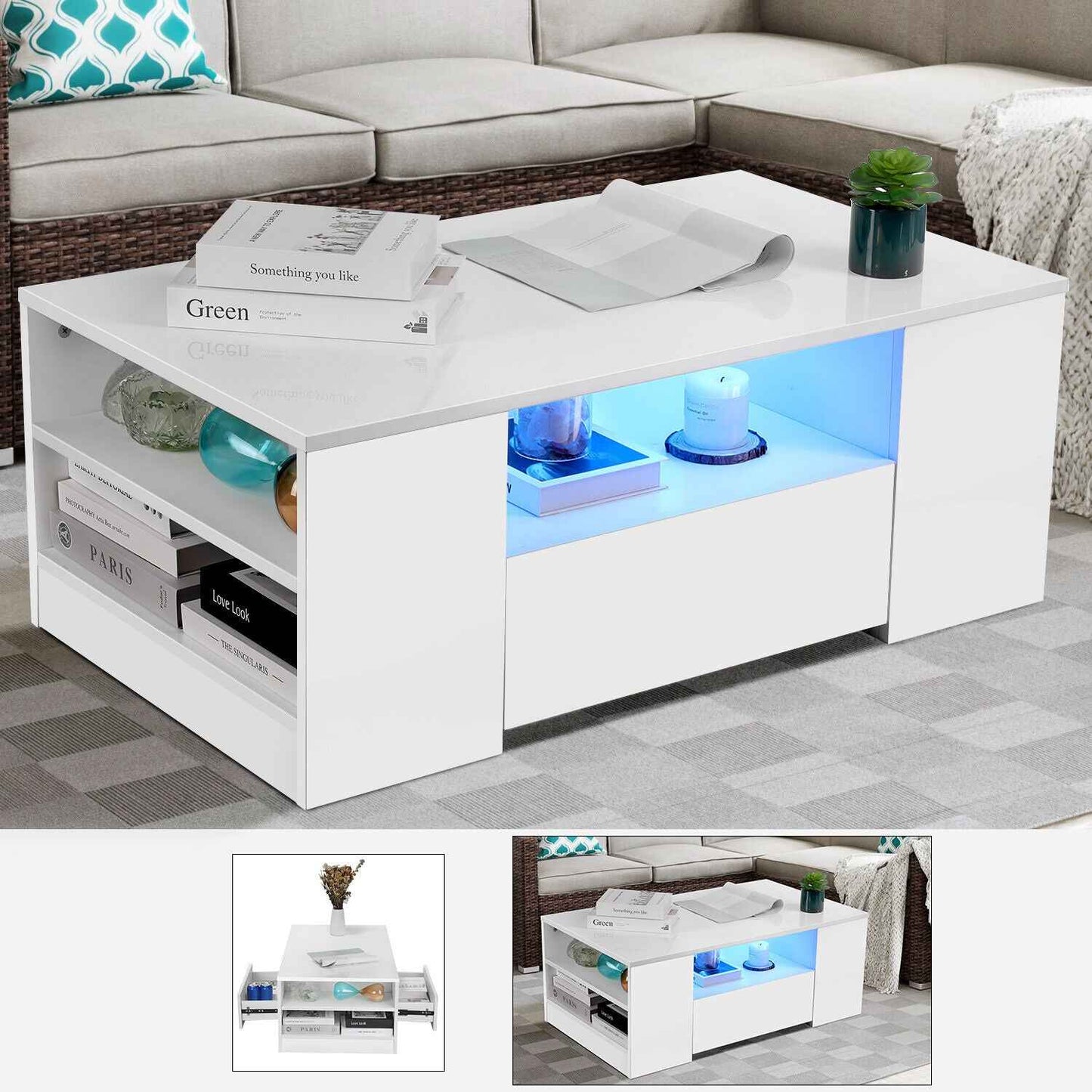 LED Coffee Table Wooden 2 Drawer Storage High Gloss Modern Living Room Furniture