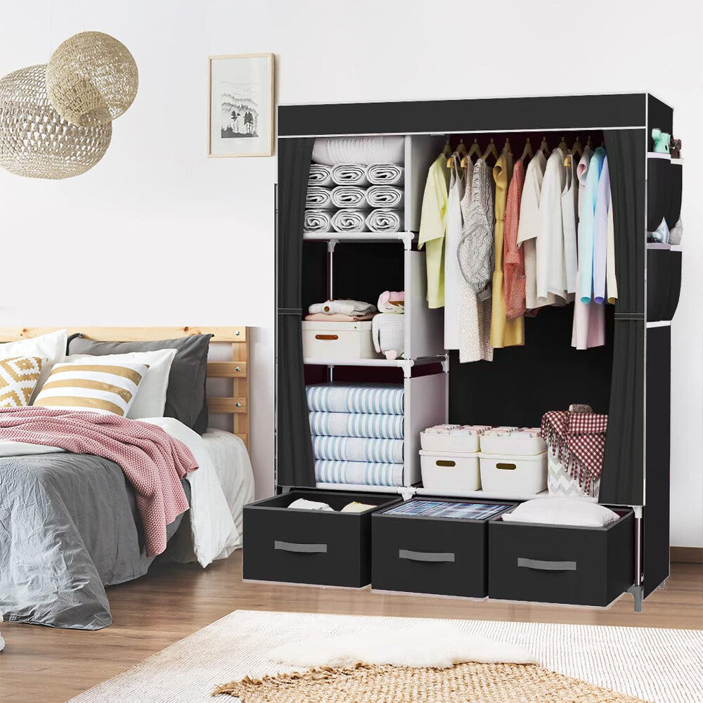 Large Fabric Canvas Wardrobe with Clothes Hanging Rail Shelving Storage Closet