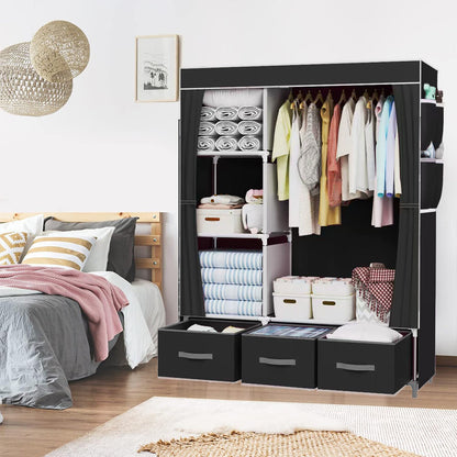 Large Fabric Canvas Wardrobe with Clothes Hanging Rail Shelving Storage Closet