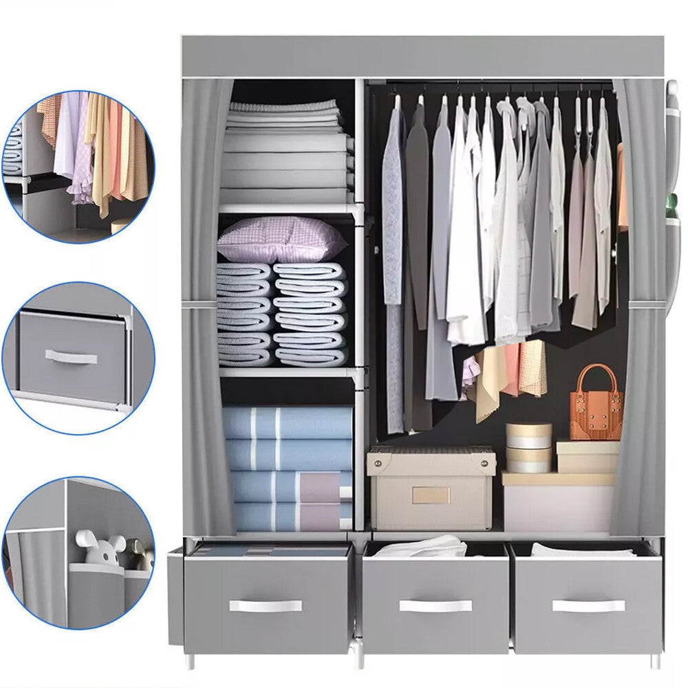 Large Fabric Canvas Wardrobe with Clothes Hanging Rail Shelving Storage Closet