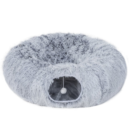 2-in-1 Donut Cat Tunnel with Plush and Washable Bed for Indoor Cats, Light Grey