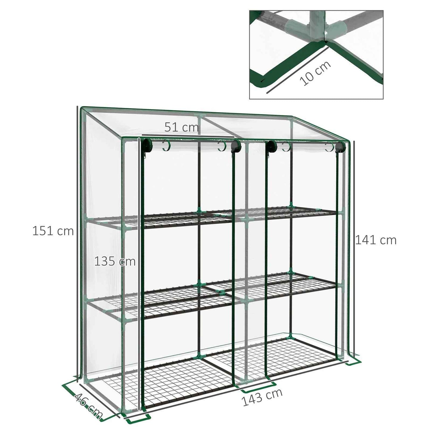 3 Tier Mini Greenhouse Portable Green House w/ Roll-up Doors, 151H x 143Wcm