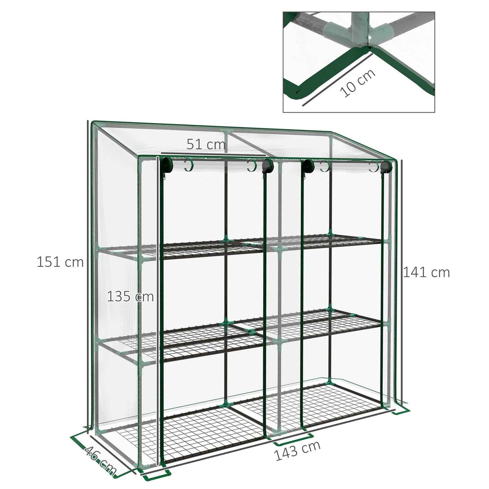3 Tier Mini Greenhouse Portable Green House w/ Roll-up Doors, 151H x 143Wcm