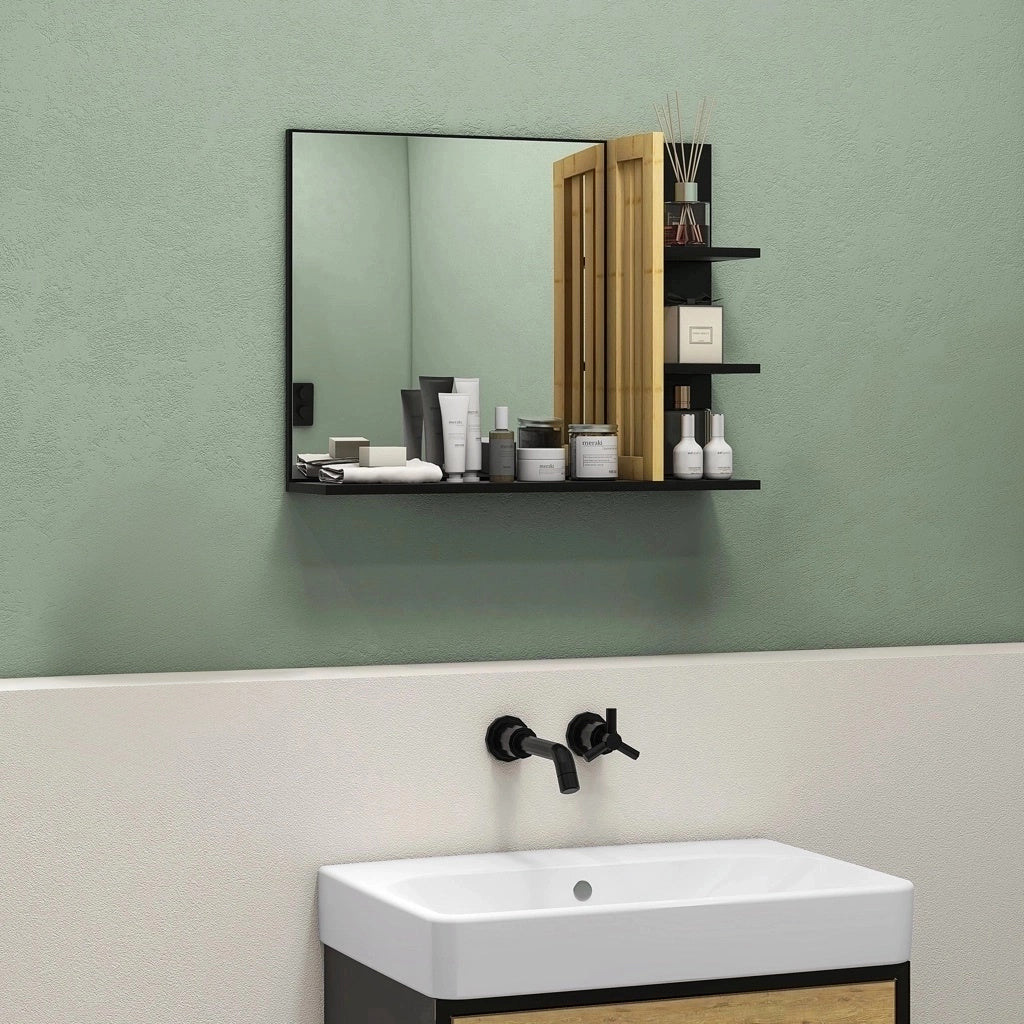 Modern Wall Mounted Bathroom Mirror with 4 Storage Open Shelves