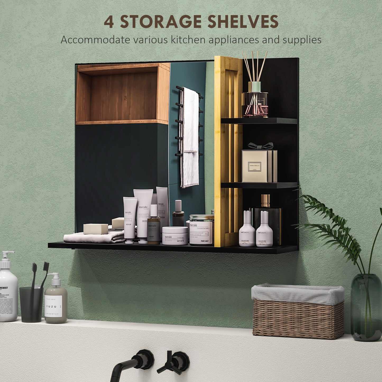 Modern Wall Mounted Bathroom Mirror with 4 Storage Open Shelves