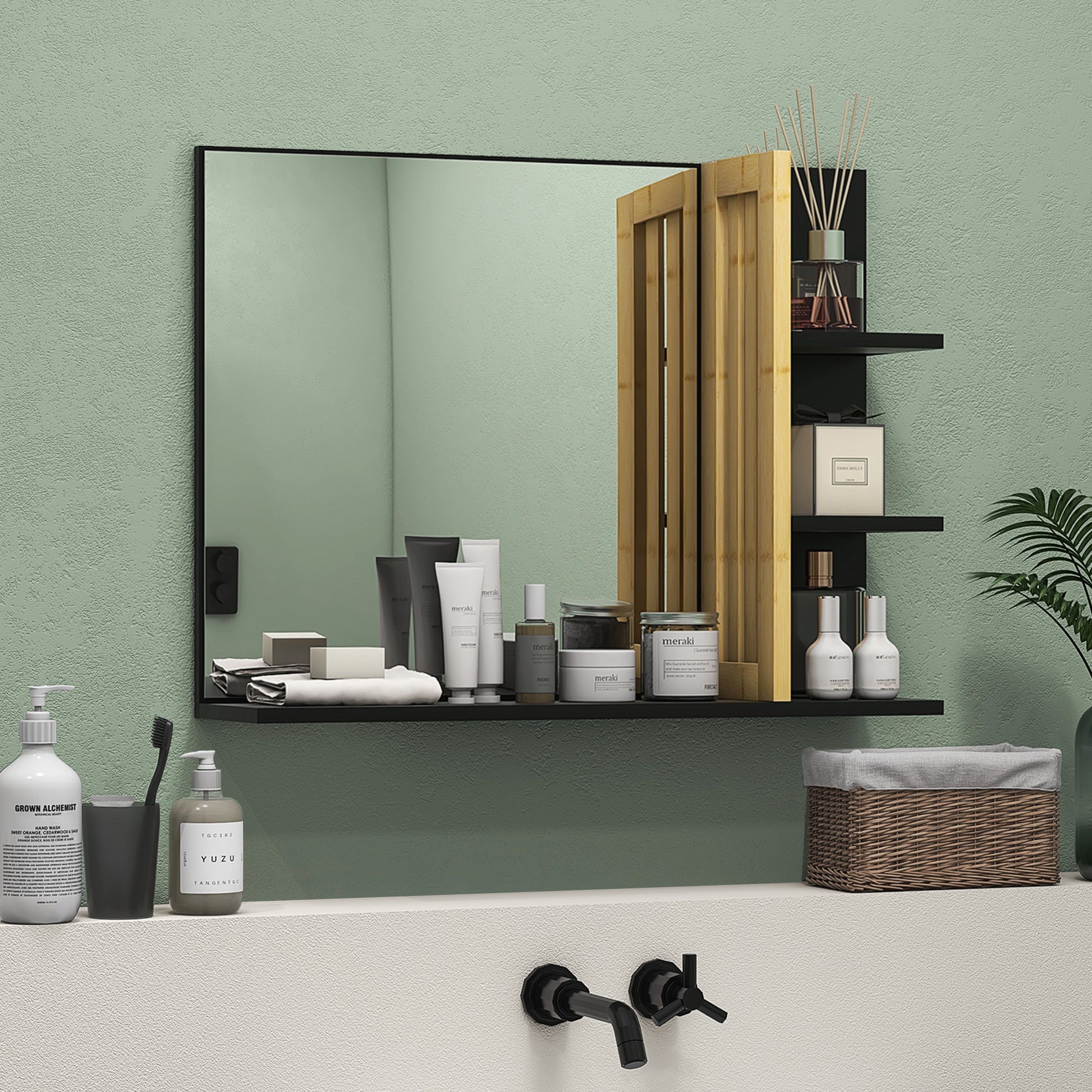 Modern Wall Mounted Bathroom Mirror with 4 Storage Open Shelves
